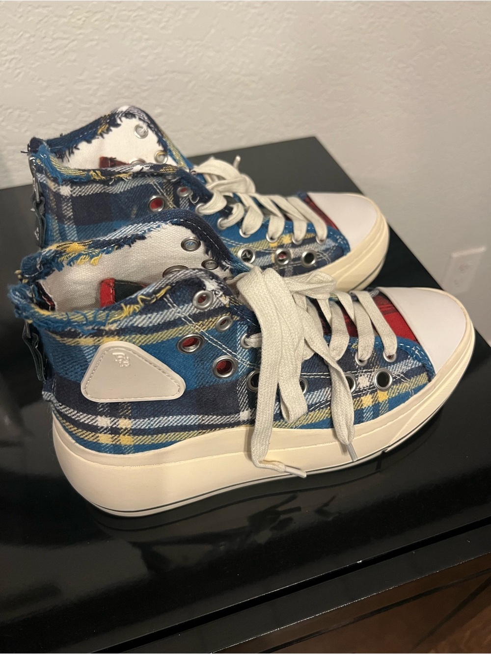 R13 Blue Plaid High-Top Sneakers with Red Accent